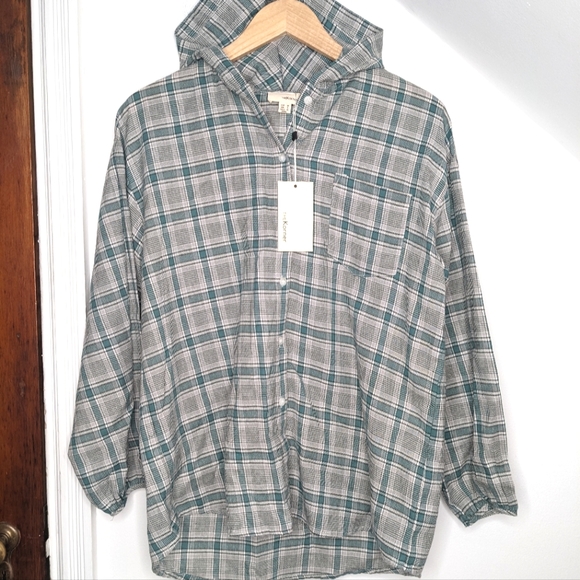 Anthropologie Tops - THE KORNER Plaid Lightweight Hooded Button Up Shirt NEW Size S